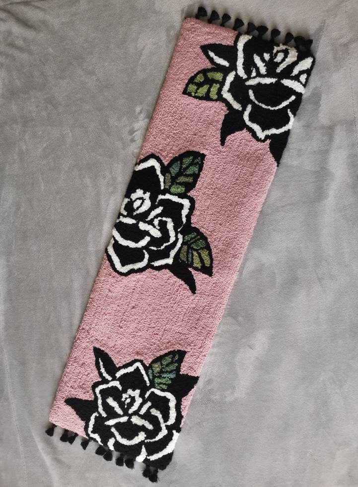 Black Roses Pink Rug with Tassels